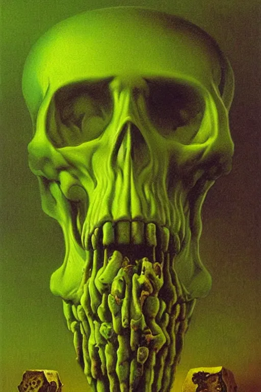 Prompt: horrific neon green skull floating over golden cubes by zdzisław beksinski