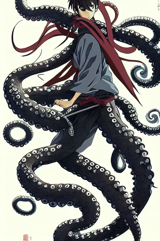 Image similar to key anime visuals of an octopus ninja, fighting with a katana. highly detailed, intricate, directed by makoto shinkai, anime manga style, trending on art station.