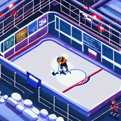 Prompt: Hockey arena game illustration, aerial view, isometric, Blizzard, EASports, intricate, elegant, highly detailed, digital painting, artstation, concept art, smooth, sharp focus, brightly lit cinematic soft lighting, photorealistic