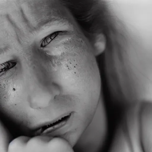 Image similar to a candid extreme closeup portrait of an expressive face of a happy through tears young woman by annie leibovitz