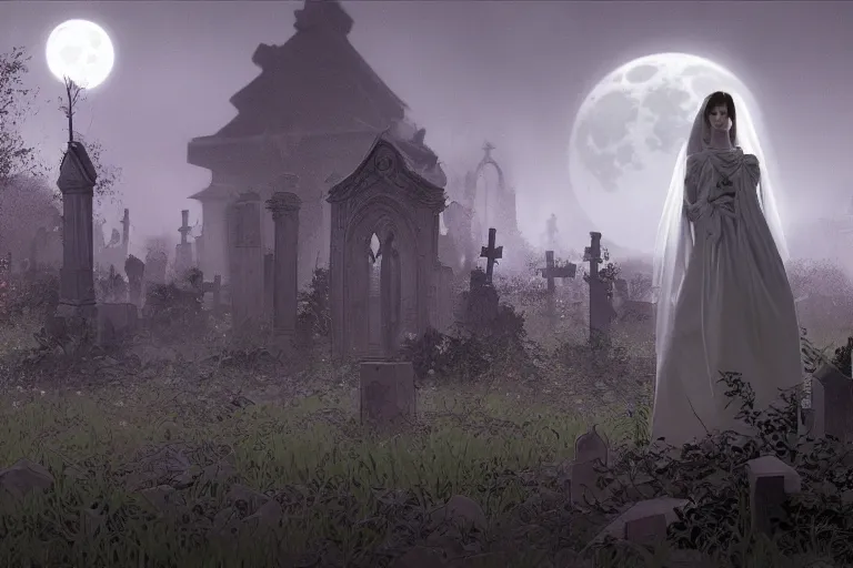 Image similar to an ultra detailed animation of an invisible ghost bride in a graveyard at midnight on halloween, digital art, dark fantasy, concept art, soulslike, by alphonse mucha, blood moon eclipse, ruined building in the background, artstation, 8 k, unreal engine render