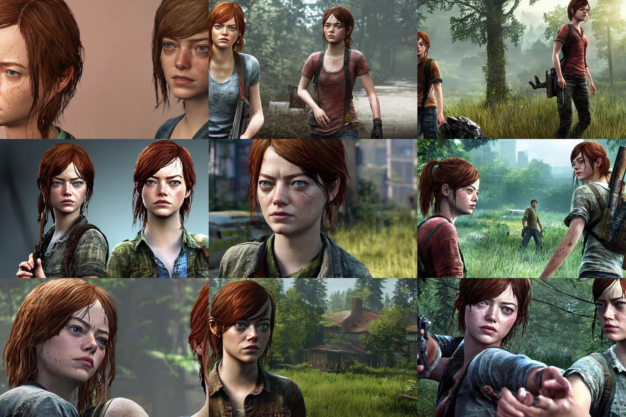 Prompt: a screenshot of emma stone in the video game the last of us. 3 d rendering. unreal engine. amazing likeness. very detailed. cartoon caricature.