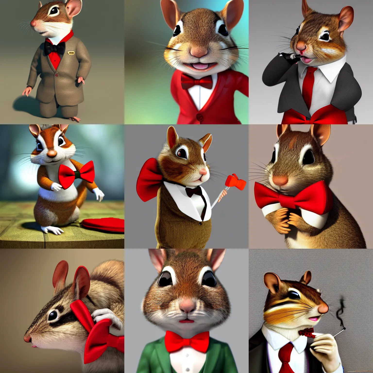 Prompt: a high quality photo of a chipmunk wearing a suit, red bow tie and smoking, render, ultra realistic, cgsociety