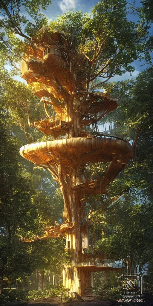 Image similar to ultra realistic and intricate detailed photograph of giant holy tech treehouse, innovation, bright modern style, artstation, unreal render, depth of field, ambient lighting, award winning, stunning