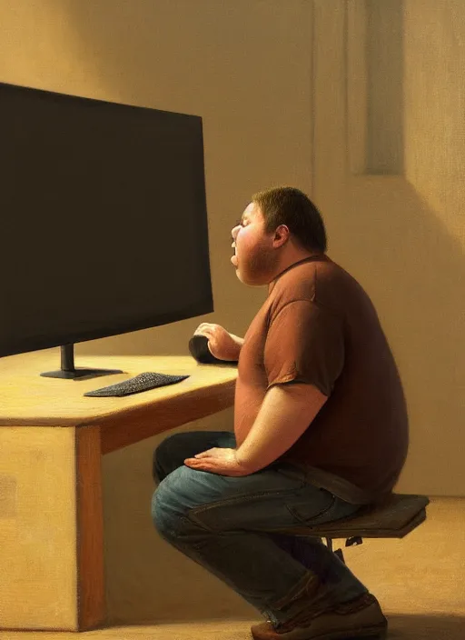 Image similar to insanely detailed chiaroscuro image of a exhausted - looking slightly fat casually - dressed programmer guy on his knees facing his glowing ultrawide computer monitor monitor begging it for forgiveness, oil on canvas, masterwork, fine detail, trending on artstation, emotive, insanely compelling, greg rutkowsky, moebius