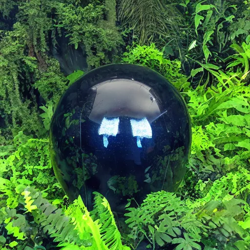 Prompt: glowing obsidian sphere in a jungle