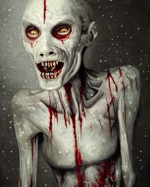 Prompt: Horrifying detailed painting of a pale, emaciated humanoid creature. It has sharp teeth and claws with pale milky eyes; snow, woods, blood; dark cinematic lighting, hyper detailed, moody; painted by Greg Rukowtski