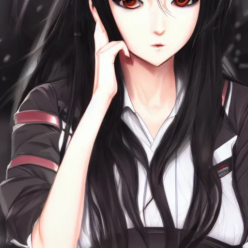 Prompt: portrait of a beautiful girl with long black hair, wearing police riot uniform, drawn by WLOP, by Avetetsuya Studios, attractive character, colored sketch anime manga panel, trending on Artstation
