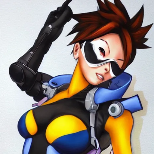Prompt: tracer from overwatch r 3 4 h e n t a i, trending on pixiv