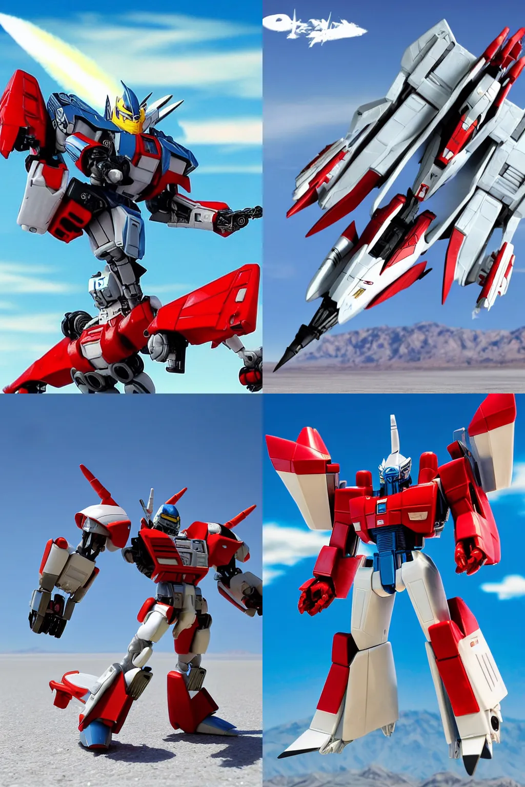 Prompt: Character Portrait of Jetfire from Transformers on a clear sunny day with a blue sky standing in the bonneville salt flats, Transformers Toy, Jetfire!!!!!, Transformers!!!!!!!!!!!!!, Bandai, Hasbro, Transformers Armada!!!!!, Skyfire, Jet parts, Intricately detailed, Fuselage, Hip skirt wings, Battroid Mode, Zone of Enders, Anime Robots, Mecha Anime, Anime, Robots, Robot, Robot Mode, 8k, ultra realistic, illustration, splash art, rule of thirds, good value control