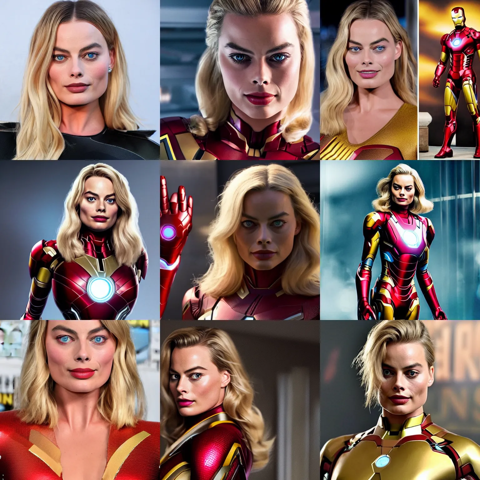 Prompt: margot robbie wearing an iron-man costume, detailed face, photorealistic, cinematic