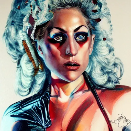 Image similar to detailed details photorealistic pictures lady gaga harley queen full body posse in the style of bob peak and alex ross, gouache and wash paints color, detailed details facial and body and human and environments and proportionate, detailed 5 k details.