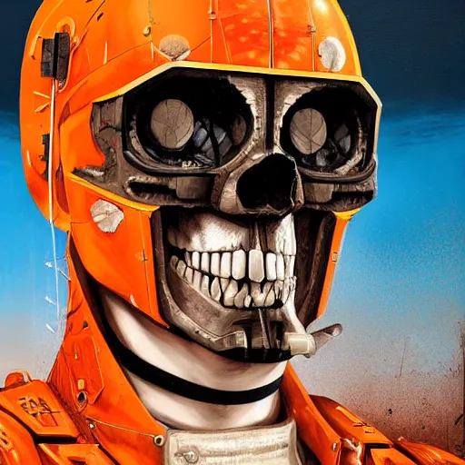 Image similar to a portrait of an cyborg vintage skull no teeth in an orange racing helmet by sandra chevrier, detailed render, epic composition, cybernetics, 4 k realistic, cryengine, realistic shaded lighting, sharp focus, masterpiece, by matteo scalera, gary montalbano, peter elson in the style of the tokyo ghost comic