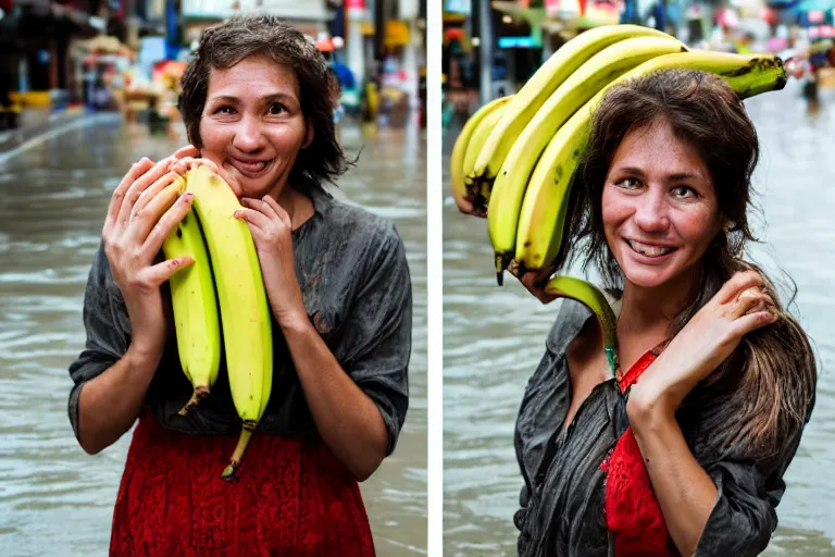 Image similar to closeup portrait of a woman carrying a bunch of bananas over her head in a flood in Rundle Mall in Adelaide in South Australia, photograph, natural light, sharp, detailed face, magazine, press, photo, Steve McCurry, David Lazar, Canon, Nikon, focus