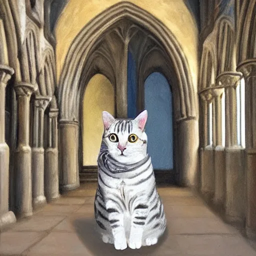 Image similar to oil painting extreme wide shot of a white and grey tabby cat wearing a hufflepuff scarf, in the Gloucester Cathedral cloisters, realistic, in the style of Harry Potter