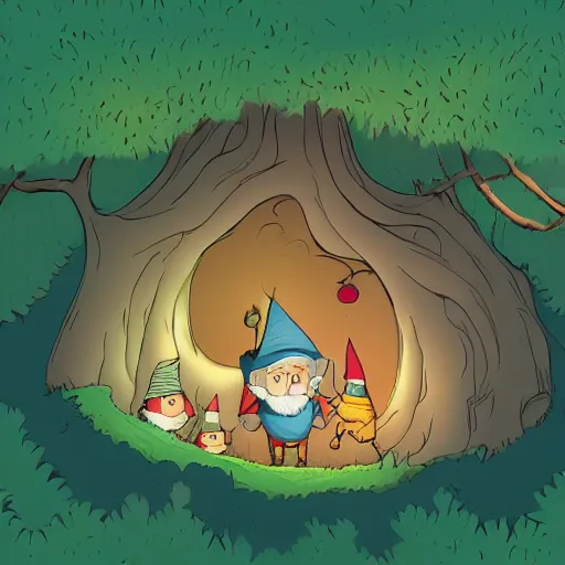 Image similar to a family of gnomes living inside a hollow in a tree, illustration by kerascoet, dynamic lighting