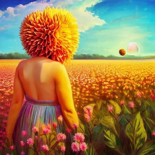 Image similar to giant dahlia flower head, full body girl standing in a flower field, surreal photography, sunrise, dramatic light, impressionist painting, colorful clouds, digital painting, artstation, simon stalenhag