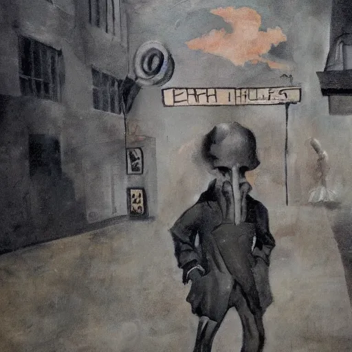 Prompt: phthalo, stock photo haunting by lois mailou jones, by george grosz. a beautiful street art of a small figure standing in the center of a dark, foreboding landscape. the figure is surrounded by strange, monstrous creatures, & there is a feeling of unease & dread.