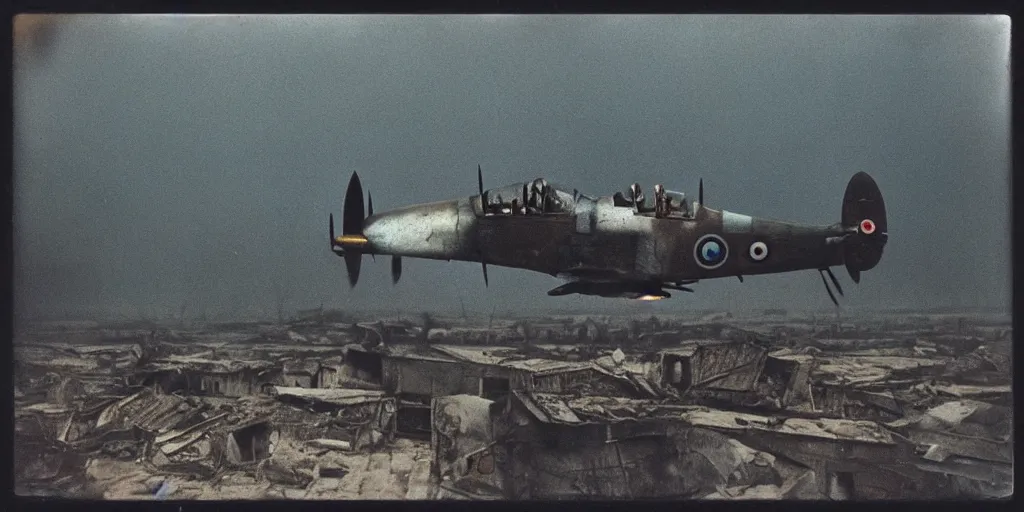 Image similar to detailed medium format photo, polaroid still from tarkovsky movie, british spitfire plane flying over a destroyed city, haze, high production value, intricate details, 8 k resolution, hyperrealistic, hdr, photorealistic, high definition, tehnicolor, award - winning photography, masterpiece, amazing colors