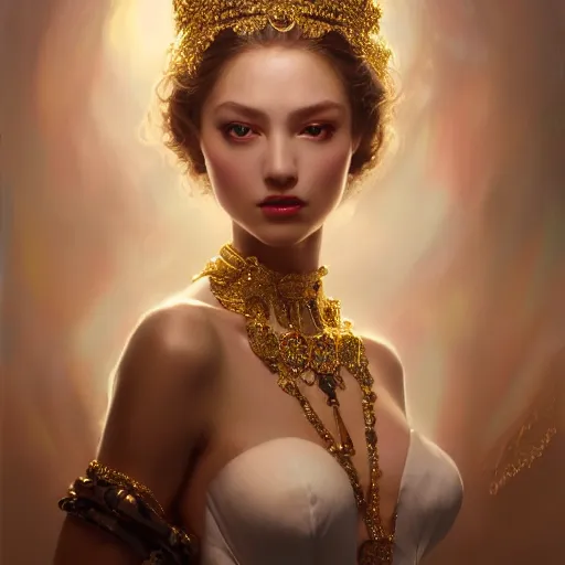 Prompt: expressive oil painting, of alluring european princess, seductive look, smooth glowing skin, glistening body, love, adoration, ornate headpiece made from beads, glamour shot, by yoshitaka amano, by greg rutkowski, by jeremyg lipkinng, by artgerm, digital art, octane render, fine white dress