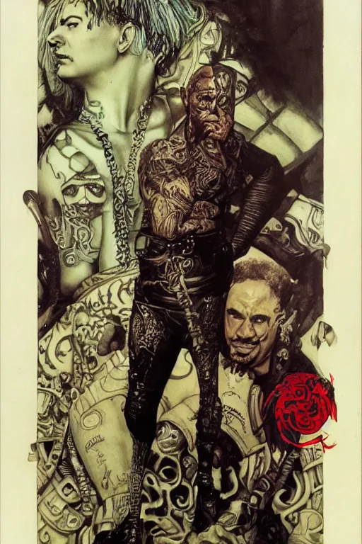 Image similar to full length portrait of temuera morrison as a tattooed gothic punk by lawrence alma tadema and zdzislaw beksinski and norman rockwell and jack kirby and tom lovell and greg staples