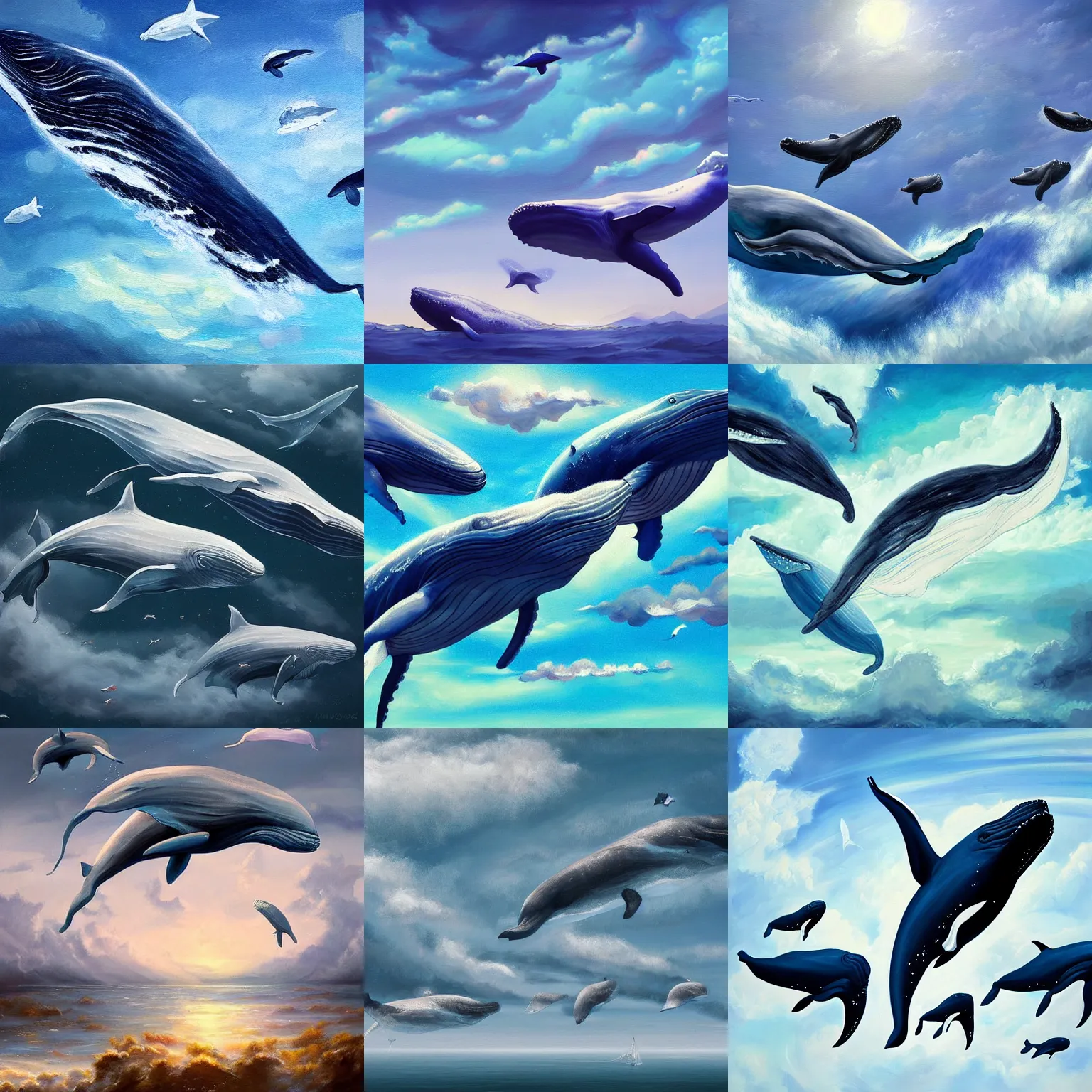 Prompt: a stunning painting of whales flying in the sky, digital art, trending on artstation, high quality