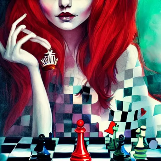 Prompt: the red queen from alice in wonderland playing chess by anna dittmann, highly detailed, bright tones