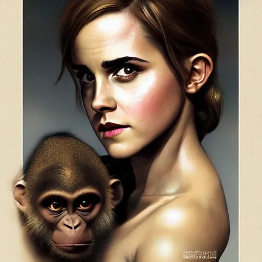 Image similar to Africa, beautiful portrait of Very funny actress Emma Watson like monkey face looking like an old monkey, Emma Watson actress blended monkey face, like , powerful , magic, thunders, dramatic lighting, intricate, wild, highly detailed, digital painting, artstation, concept art, smooth, sharp focus, illustration, art by artgerm and greg rutkowski and alphonse mucha, footage