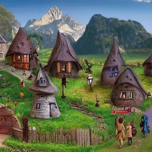 Prompt: a fantasy village with small houses, hobbits and humans walking, a castle in the background