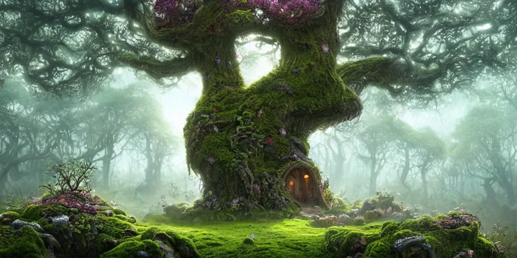 Image similar to a photorealistic cg render of huge old twisted tree with tiny mossy hobbit houses built into it, covered in moss, flowers and mushrooms, hints of peter mohrbacher, georges remi, albert uderzo, super - realistic, insanely intricate and detailed, sunset, volumetric lighting, god rays, 4 k, high definition