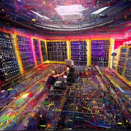 Prompt: diverse groups of humans destroying the supercomputers inside, breaking circuits, smashed, fire, smoke, from behind, rebirth, beauty, wide angle, elaborate, wet, highly detailed, colors, beautiful lighting