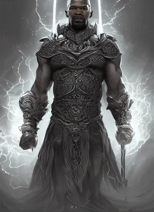 Prompt: a highly detailed illustration of Jamie Foxx as a bearded short fade hair african warrior god of lightning, evil floating pose, moonlit clouds background, muscular, intricate, elegant, highly detailed, centered, digital painting, artstation, concept art, smooth, sharp focus, league of legends concept art, WLOP