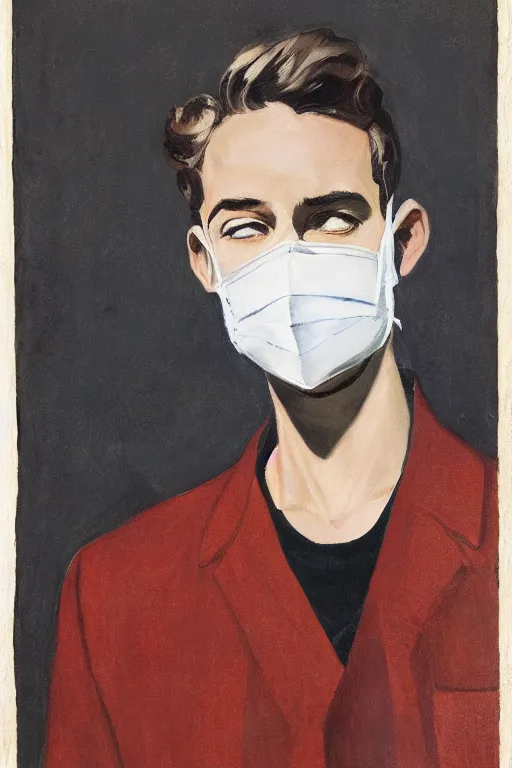 Image similar to portrait of young man wearing black medical mask, style of coby whitmore