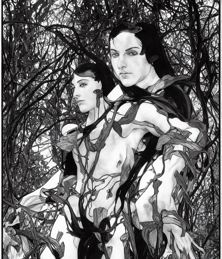 Image similar to portrait of a 1 5 foot tall, muscular, bald, smooth, extremely pale, androgynous humanoid with a perfectly symmetrical face, dressed in black body armour, in the background is a dense and foggy forest of trees, intricate detail, smooth, sharp focus, monochrome, high contrastl, art by artgerm and alphonse mucha,