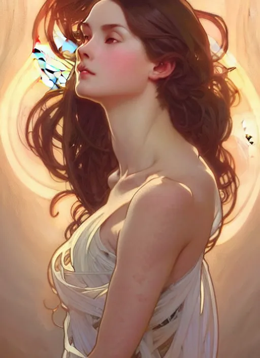 Image similar to digital character concept art by artgerm, by greg rutkowski, by alphonse mucha. clear portrait of a shy modern wife blessed by god to grow immaculately fertile and perfect!! blonde, in clothes! holy body! light effect. hyper detailed, glowing lights!! intricate, elegant, digital painting, artstation, smooth, sharp focus