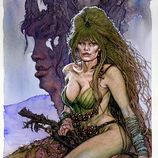 Image similar to a realistic and atmospheric watercolour fantasy character concept art portrait of brigitte bardot as a druidic warrior wizard looking at the camera with an intelligent gaze by rebecca guay, michael kaluta, charles vess and jean moebius giraud