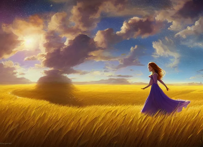 Prompt: a lone princess walks through a vast wheat field in the cosmic sky by vladimir volegov and alexander averin and peder mørk mønsted and ross tran and raphael lacoste