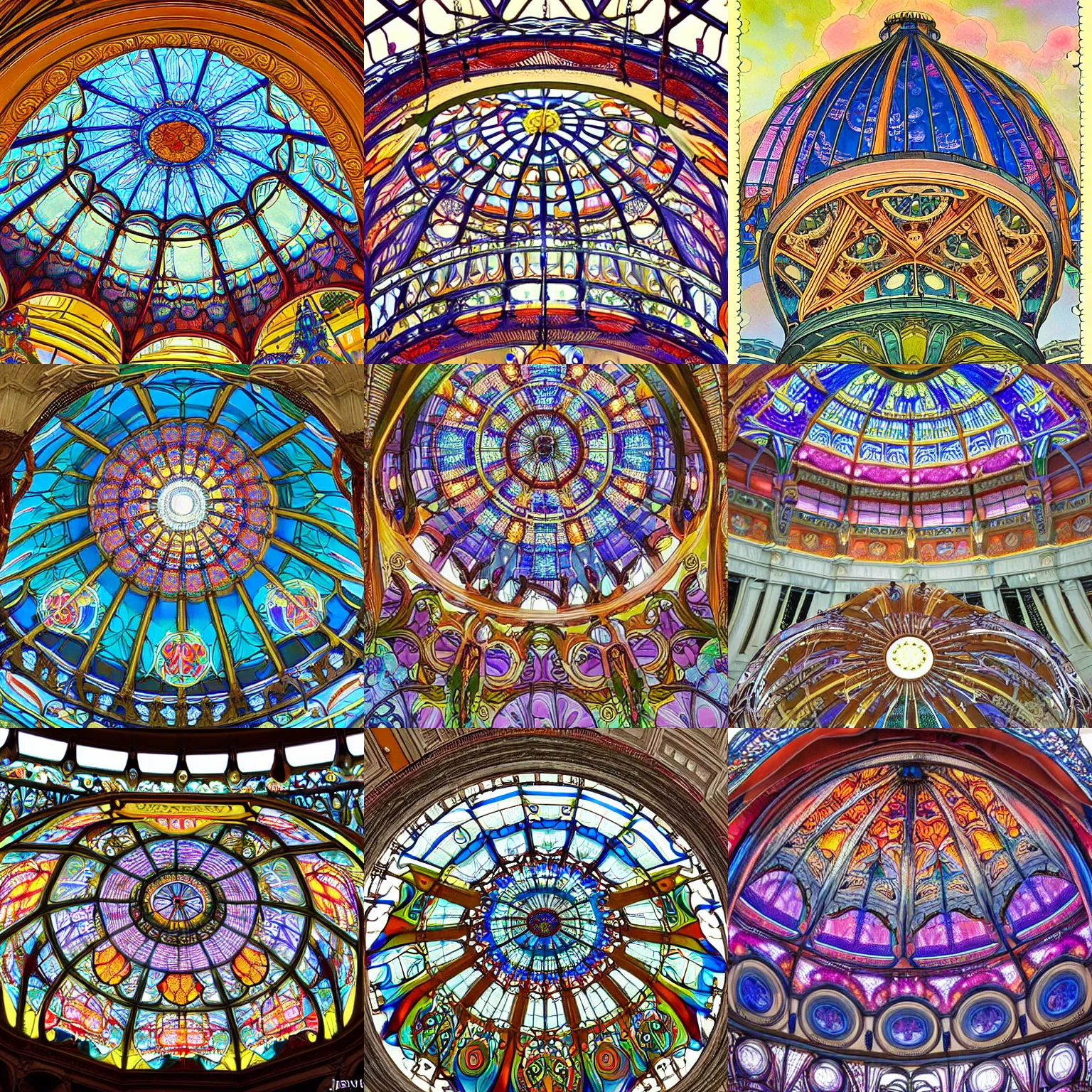 Prompt: elaborate glasswork dome, colorful, intricate, art nouveau architecture, by jesper ejsing