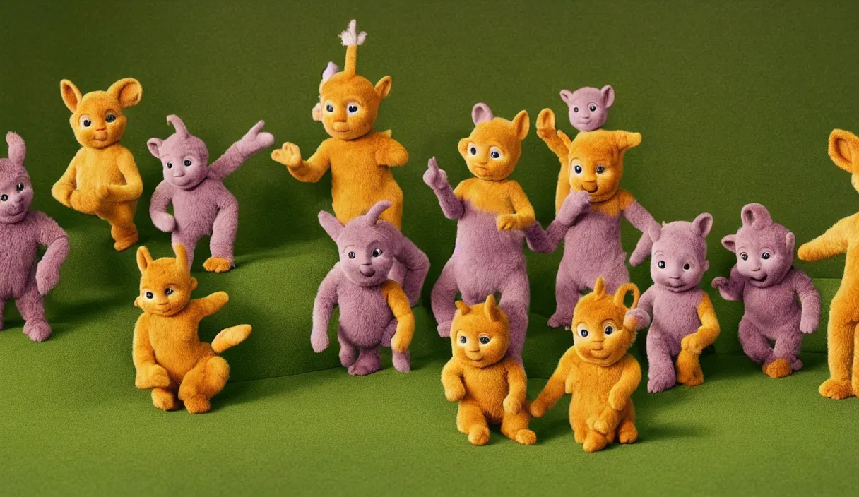 Image similar to natural history dioramas of teletubbies as furry animals