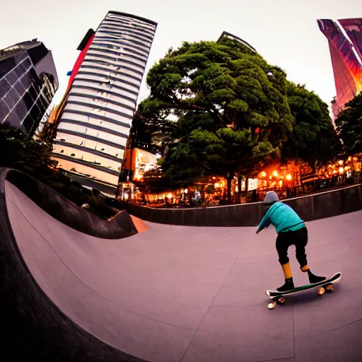 Image similar to fisheye lens photo of a skateboarder in Tokyo, night time, 8k, cinematic