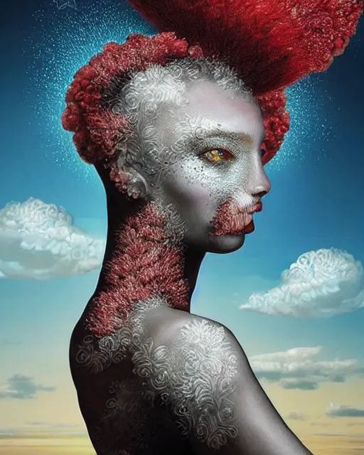 Prompt: cherub themed surrealist portrait art in the styles of igor morski, jim warren, and aida muluneh, intricate, hyperrealistic, accurate facial details, profile picture with chromakey!!!!! background, volumetric lighting