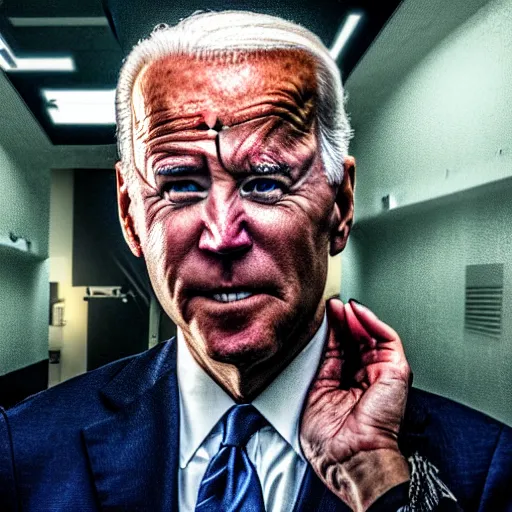 Prompt: joe biden as a cyborg in cyperpunk 2 0 7 7, cybernetic red eye, movie still, cinematic, photorealistic, extreme detail, facial features, sharp focus, 8 k, rain, close up, anamorphic lens, lighting, dark, dystopia, leather coat, atmospheric