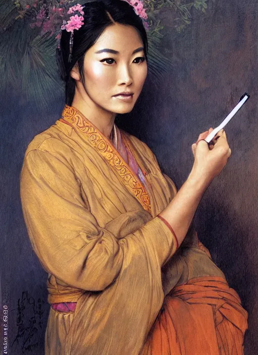 Image similar to a painting of a beautiful 35 year old Asian woman with tanned skin and traditional dress with long sleeves that cover one hand. She is holding a pen and her expression is stern and piecing. by Artgerm and Greg Rutkowski and Alphonse Mucha, dramatic studio lighting
