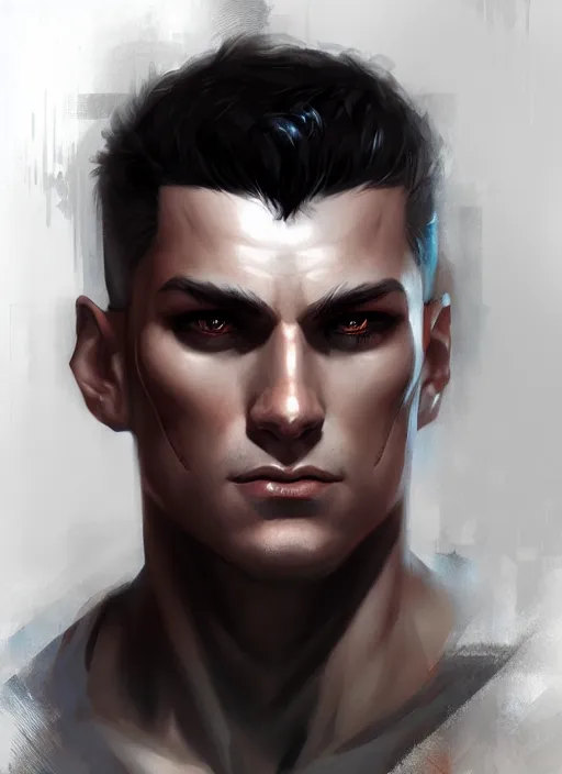 Image similar to « a portrait of a muscular cyberpunk male warrior, a digital painting by charlie bowater, featured on cgsociety, fantasy art, behance hd, wiccan, artstation hd »