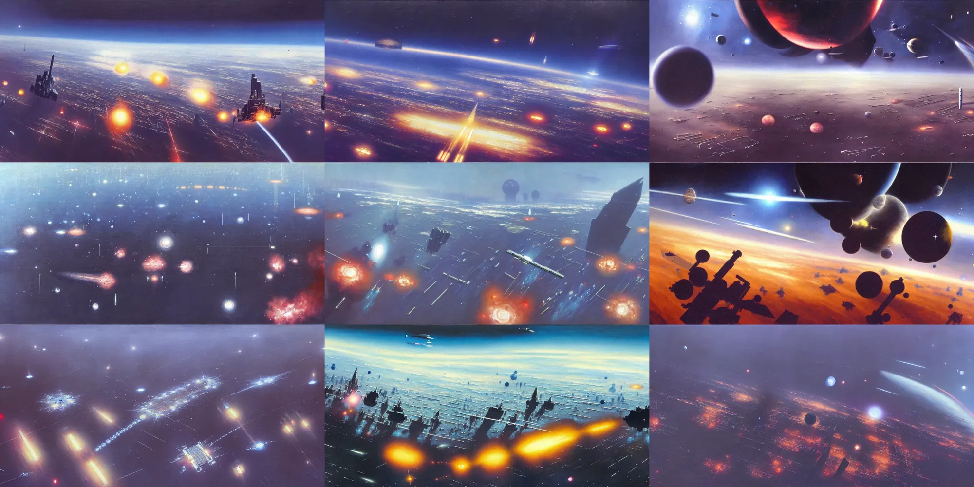 Image similar to a painting of low earth orbit space city under war by john harris. sharp edges. 8 k. ultra clear detailed