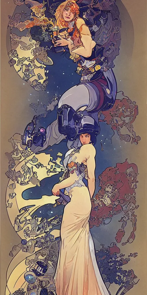 Image similar to a woman wearing outer space as a dress, pouring water from a vase into the milky way, by joe madura, by alphonse mucha, battle chasers.