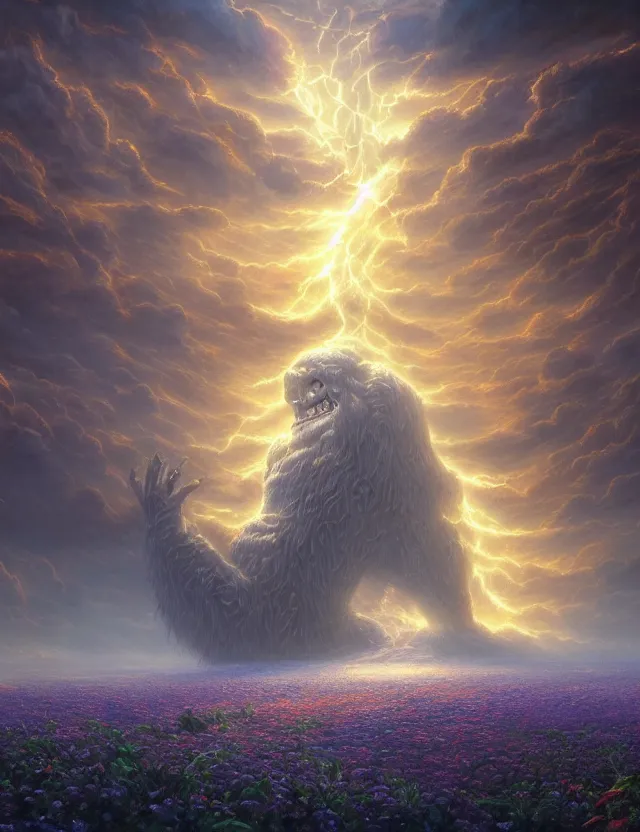 Prompt: A terrifying giant monster made of flowers, beautiful atmosphere, god rays, masterpiece digital painting by Alex Grey, Greg Rutkowski, 4k wallpaper