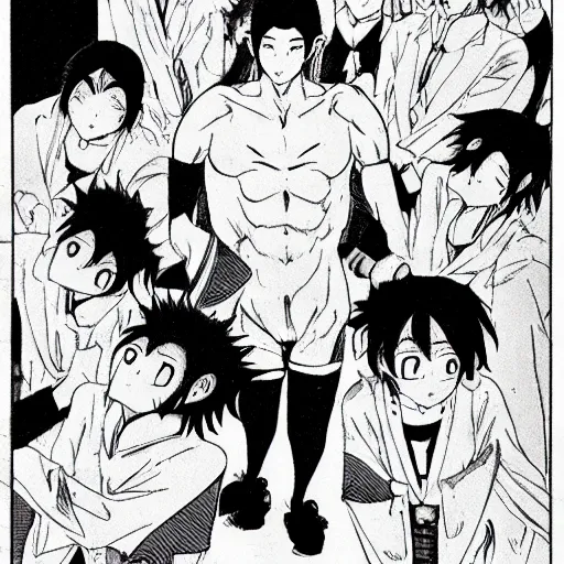 Prompt: japanese manga with exaggerated men parts