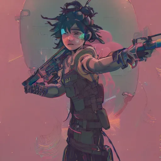 Prompt: close up, a grungy cyberpunk anime, very cute, pose pointing a bow and shouting by super ss, cyberpunk fashion, curly pink hair, night sky by wlop, james jean, victo ngai, highly detailed