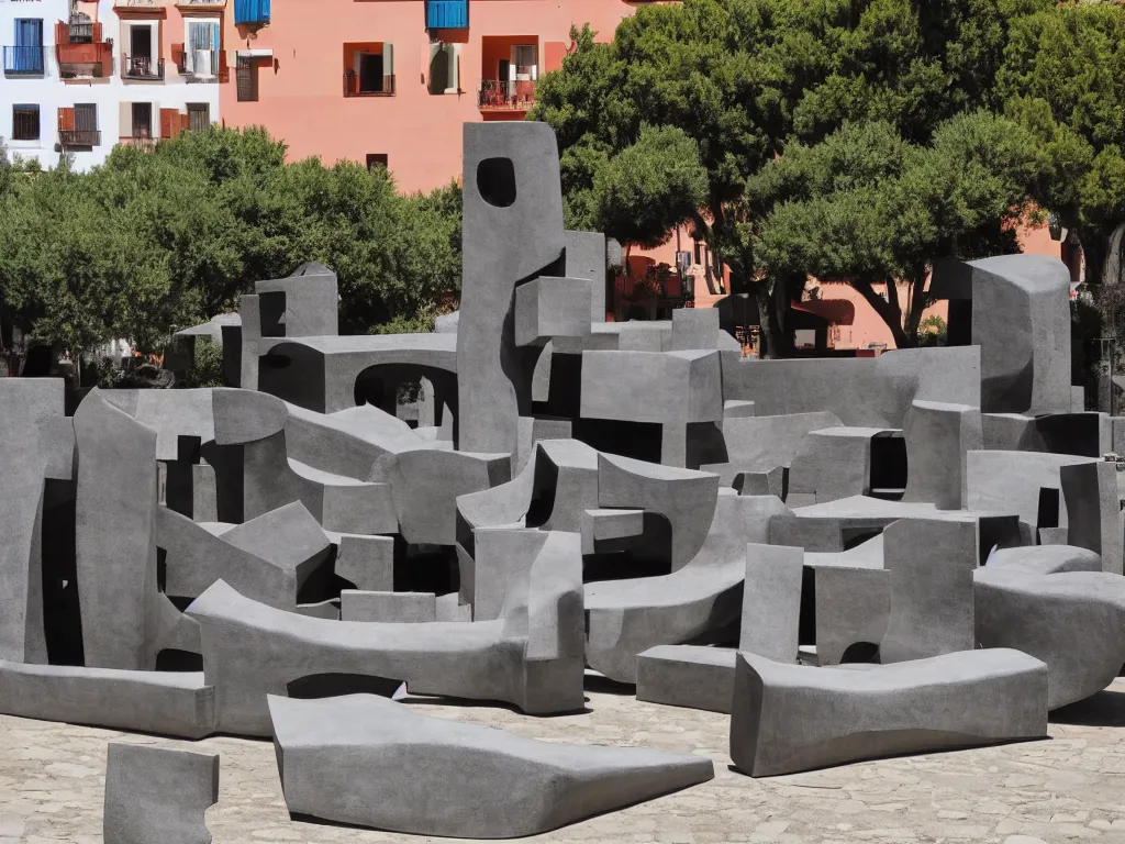 Prompt: huge plastic sculpture by eduardo chillida on a mediterranean town square